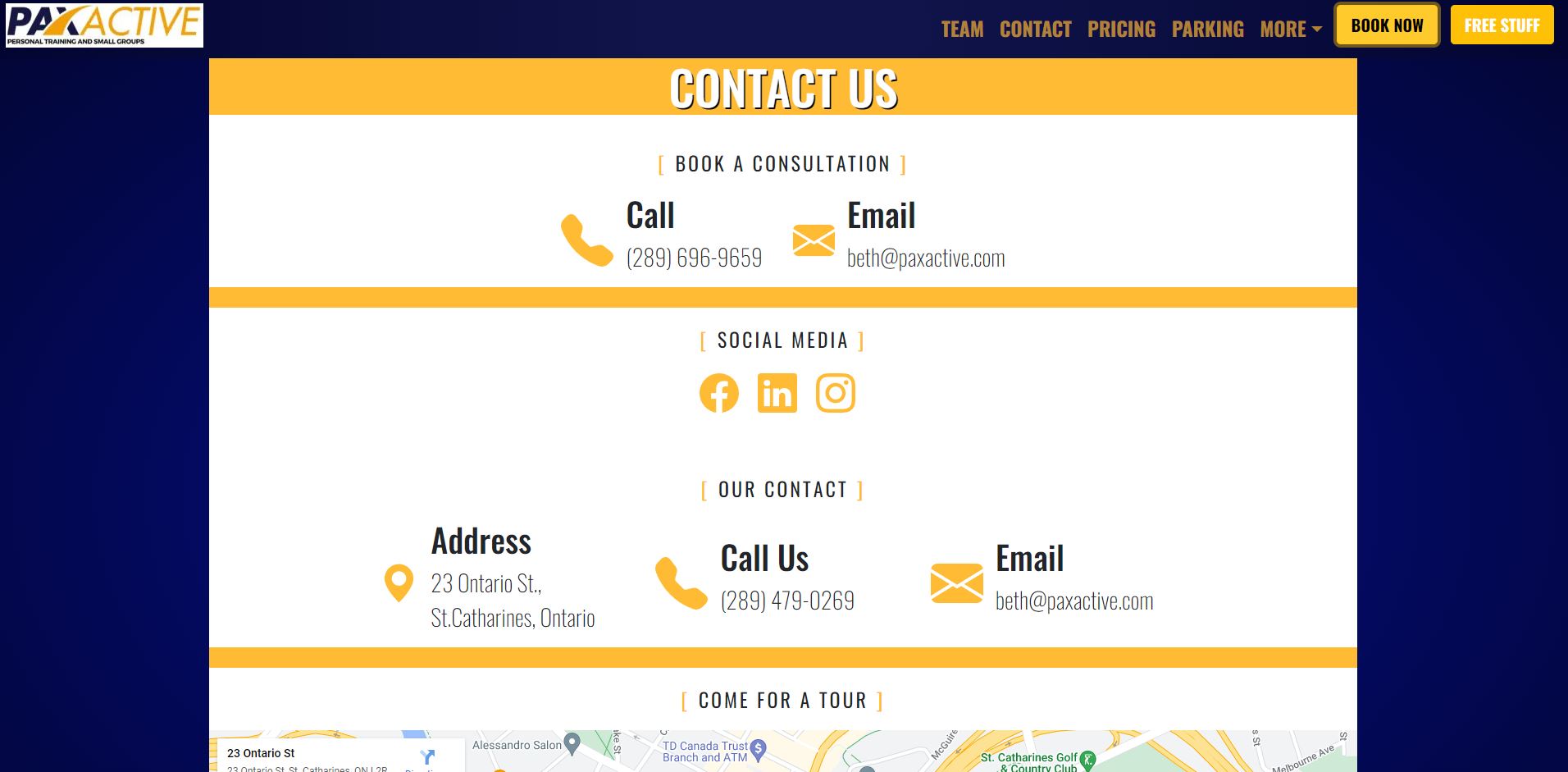 PAX Active contact page